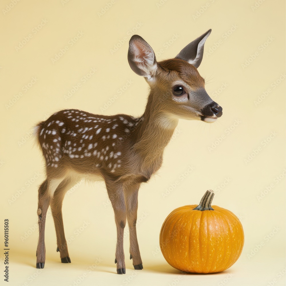 Fototapeta premium Young deer standing next to a pumpkin on beige background