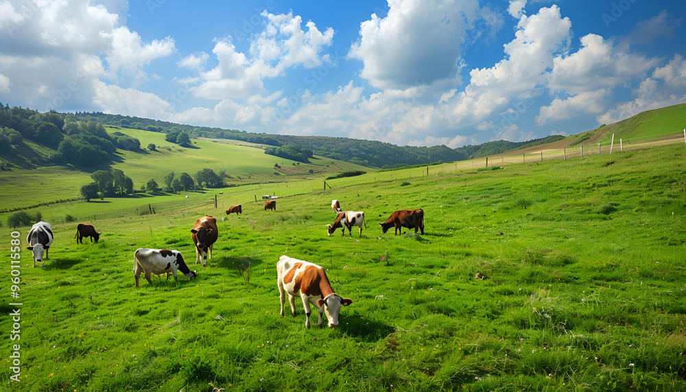 view of nice green hill with cows on blue sky background, summer day view of nice green hill with cows on blue sky background, summer day