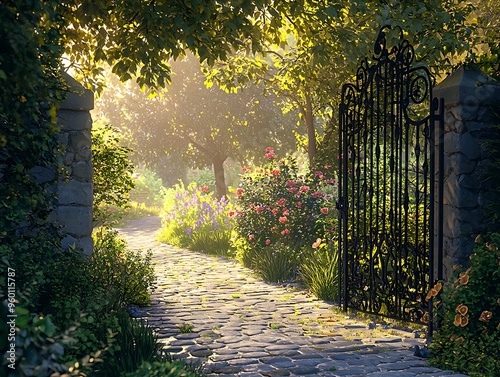 Secret garden with cobblestone path in urban area