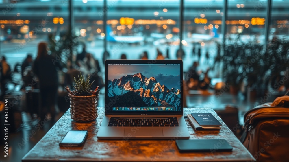 Digital Nomad's Workspace in a Busy Airport Lounge Digital Nomad's Workspace in a Busy Airport Lounge