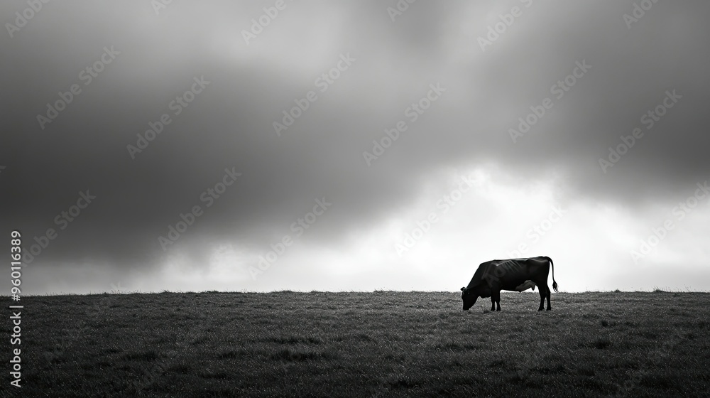 A single cow grazing in an empty pasture, with sharp contrasts in lighting creating a simple yet striking scene. A single cow grazing in an empty pasture, with sharp contrasts in lighting creating a simple yet striking scene.