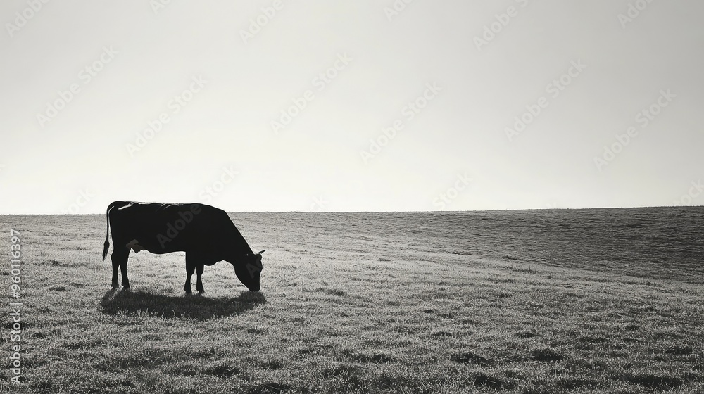 A single cow grazing in an empty pasture, with sharp contrasts in lighting creating a simple yet striking scene. A single cow grazing in an empty pasture, with sharp contrasts in lighting creating a simple yet striking scene.