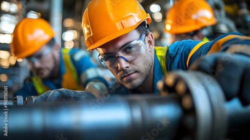 Technician Conducting Maintenance on Underground Gas Pipeline: A technician performing routine repairs on an exposed underground gas pipeline, ensuring the integrity of the pipe with inspection equipm photo