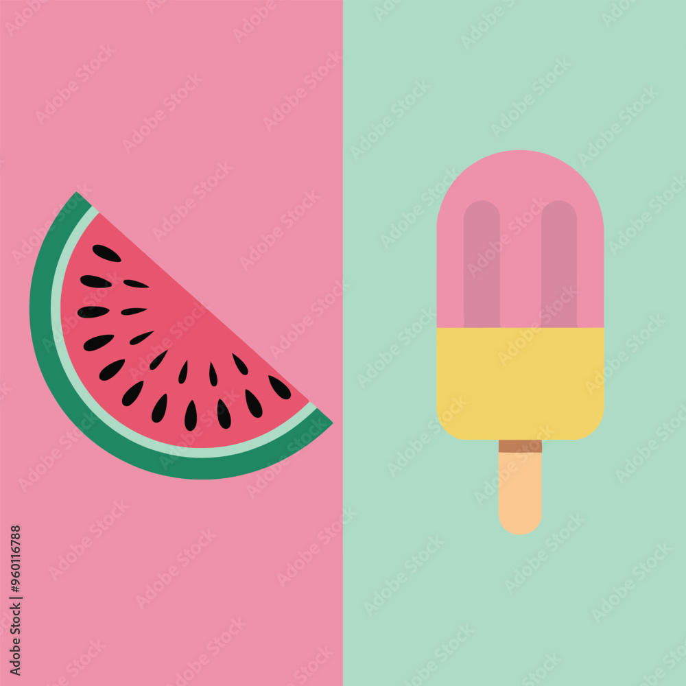 Watermelon slice with black seeds on a pink background and a pink and yellow popsicle on a green background Watermelon slice with black seeds on a pink background and a pink and yellow popsicle on a green background