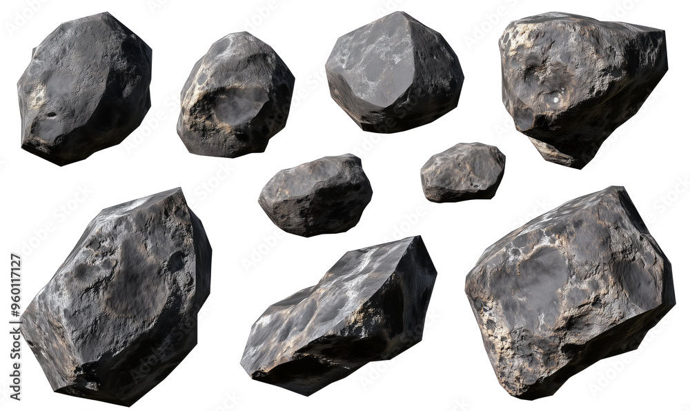 Set di rocce irregolari e realistiche, rappresentate in diverse angolazioni, perfette per scenari naturali o spaziali. Cut out Set di rocce irregolari e realistiche, rappresentate in diverse angolazioni, perfette per scenari naturali o spaziali. Cut out