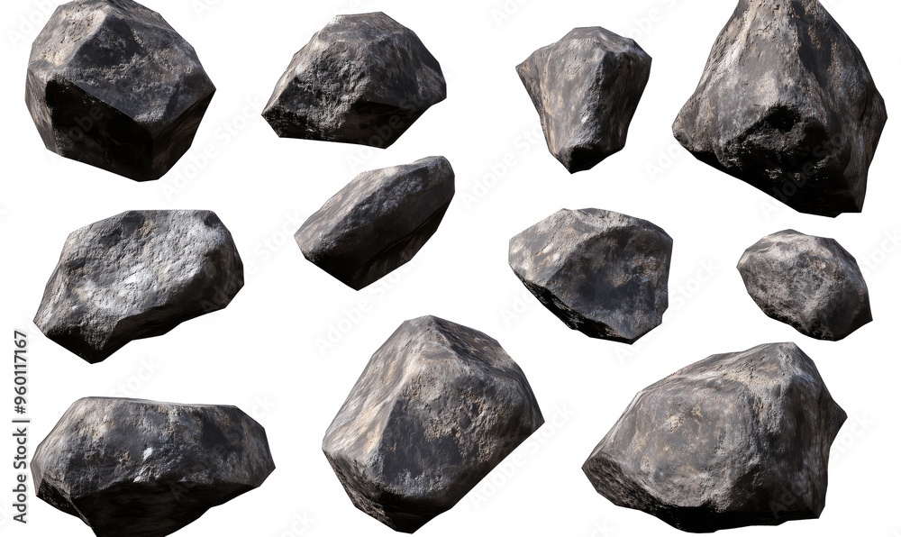 Set di rocce irregolari e realistiche, rappresentate in diverse angolazioni, perfette per scenari naturali o spaziali. Cut out