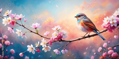 Artistic painting of a bird on a branch with cherry blossoms, bird, branch, cherry blossoms, flowers, painting, art, nature