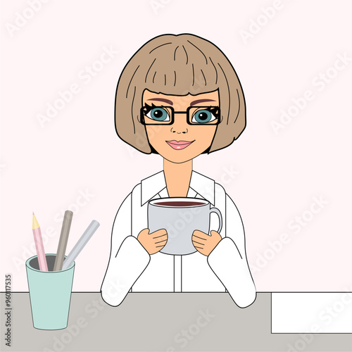 Nice beautiful girl with a cup of coffee vector illustration art cartoon lovely person