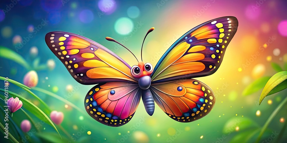 Vibrant And Playful Cartoon Butterfly Fluttering Its Delicate Wings Against A Soft Background. Vibrant And Playful Cartoon Butterfly Fluttering Its Delicate Wings Against A Soft Background.