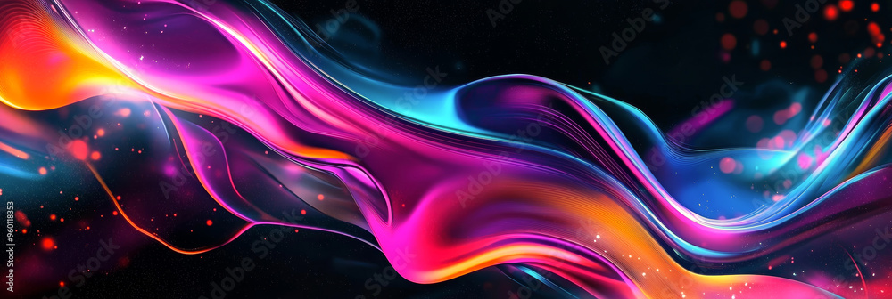Fototapeta premium Abstract multicolored curving and waving lines on black background.