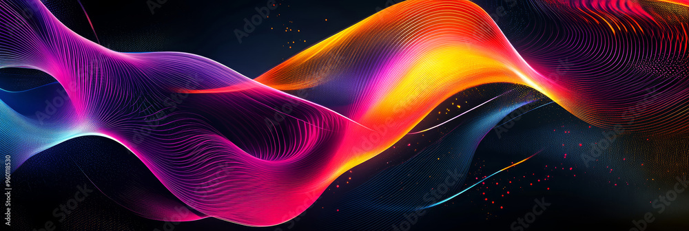 Fototapeta premium Abstract multicolored curving and waving lines on black background.