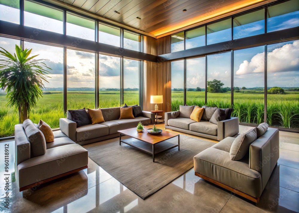 Modern living room furniture in a spacious room with large windows overlooking a landscape of sugarcane fields Modern living room furniture in a spacious room with large windows overlooking a landscape of sugarcane fields