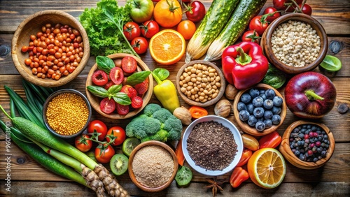 Vibrant Assortment Of Fresh Fruits, Vegetables, Whole Grains, Legumes, And Nuts Arranged On A Rustic Table, Symbolizing A Balanced And Nutrient-Rich Diet.