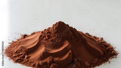 pile of cacao powder isolated on white background, brown cacao powder top view 