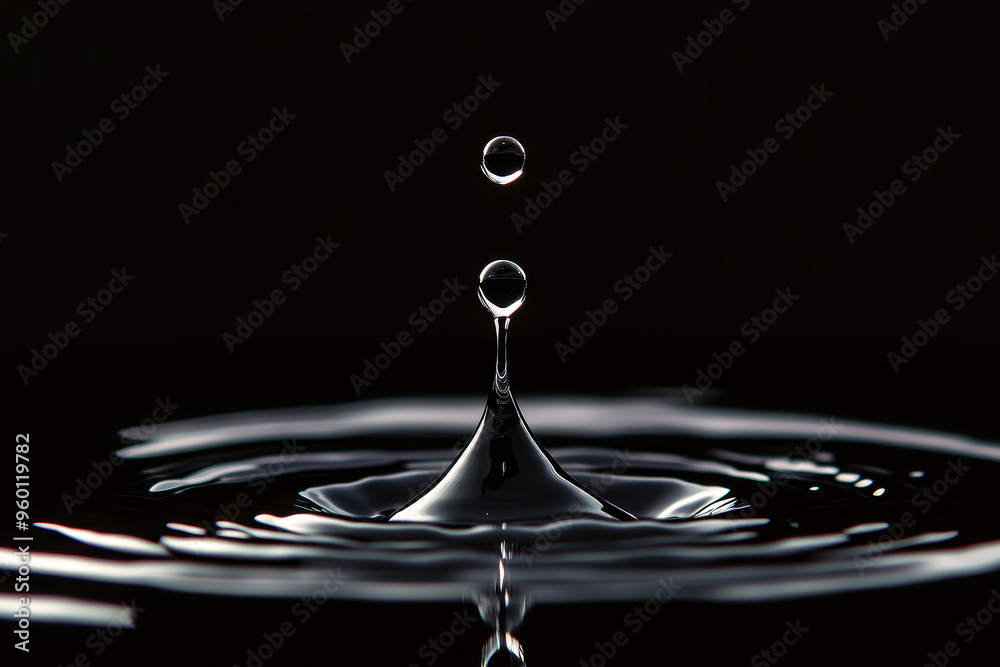 Water droplet splashing and creating ripples and concentric circles on ...