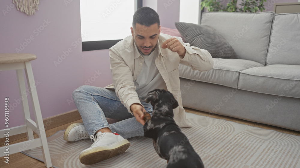 A young hispanic man bonds with his dachshund in a cozy modern living room, reflecting a casual lifestyle at home. A young hispanic man bonds with his dachshund in a cozy modern living room, reflecting a casual lifestyle at home.