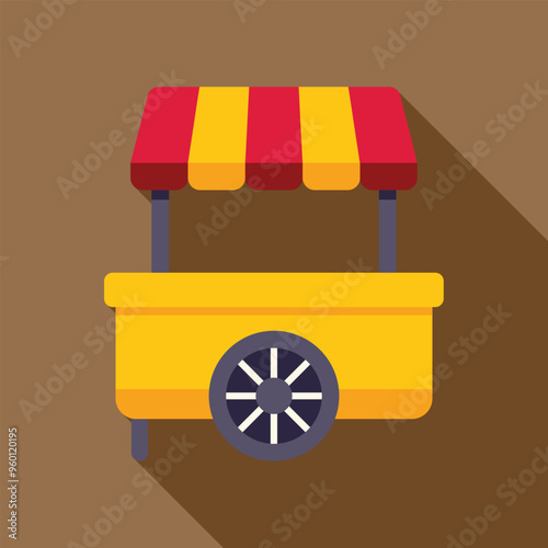 Yellow empty food cart with red striped awning standing on one wheel on brown background