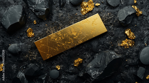 Lying Golden Polygons on Black Coal Background. Luxurious Festive Gold Black Stage Wallpaper. Bueauty Monolith Rectangle in Black Coal Rocks. Minimal Golden Stage for Fashin or Jewelry. photo