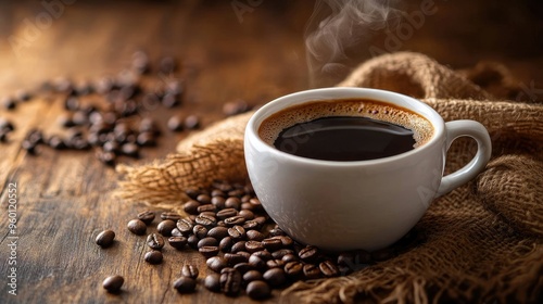 Steaming cup of freshly brewed coffee, surrounded by scattered coffee beans on a rustic wooden table.