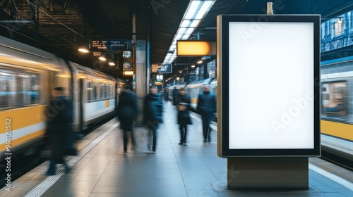 Mockup. Lightbox vertical billboard with blank digital screen on a train station. white blank poster advertisement Public information boards stand at stations in front of people and trains.