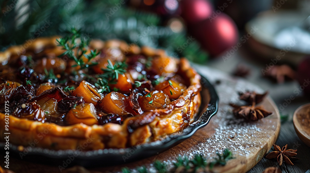Savory Tart Tatin With Shallots For Christmas On Blurry Background Savory Tart Tatin With Shallots For Christmas On Blurry Background