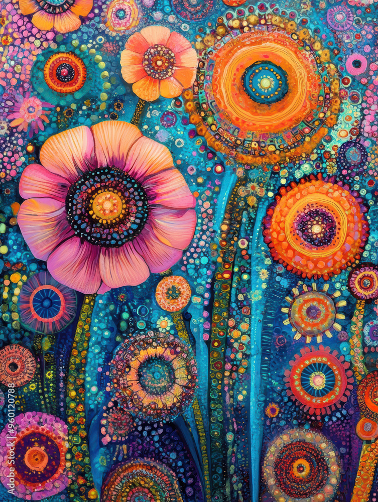 A fantastic world with flowers, trees and people. AI generative.