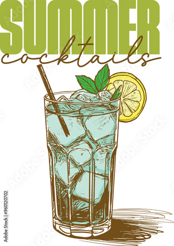 Summer cocktails mojito drink beverage vector illustration drawing colorful green and yellow