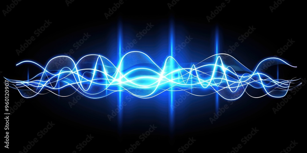 Fototapeta premium Abstract Blue Glowing Waves on a Black Background