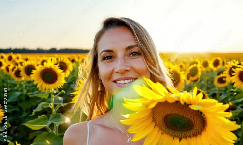 Graceful Woman Holding a Sunflower in a Vibrant Sunflower Field Graceful Woman Holding a Sunflower in a Vibrant Sunflower Field