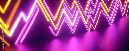 A neon lighting background showcasing zigzagging lines of bright yellow and purple neon, creating a sharp, intense visual effect. photo