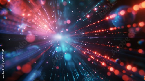 A dynamic burst of colorful lights with a bokeh effect creates an abstract image full of energy. The vibrant red, blue, and purple hues and the light trails convey a sense of movement and excitement.