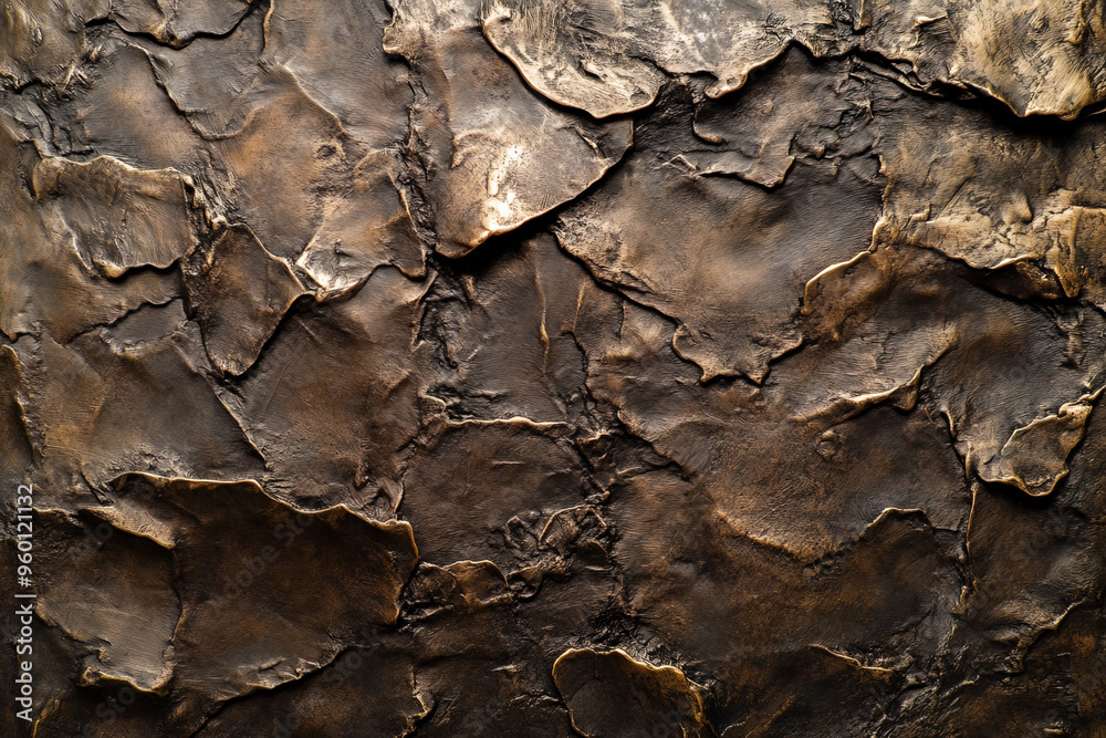 A bronze textured surface with a rough, etched finish, showcasing irregular, jagged lines that give the metal an industrial, raw aesthetic.