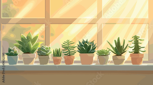 A row of potted succulents sits on a windowsill, bathed in warm sunlight, creating a peaceful indoor garden scene.