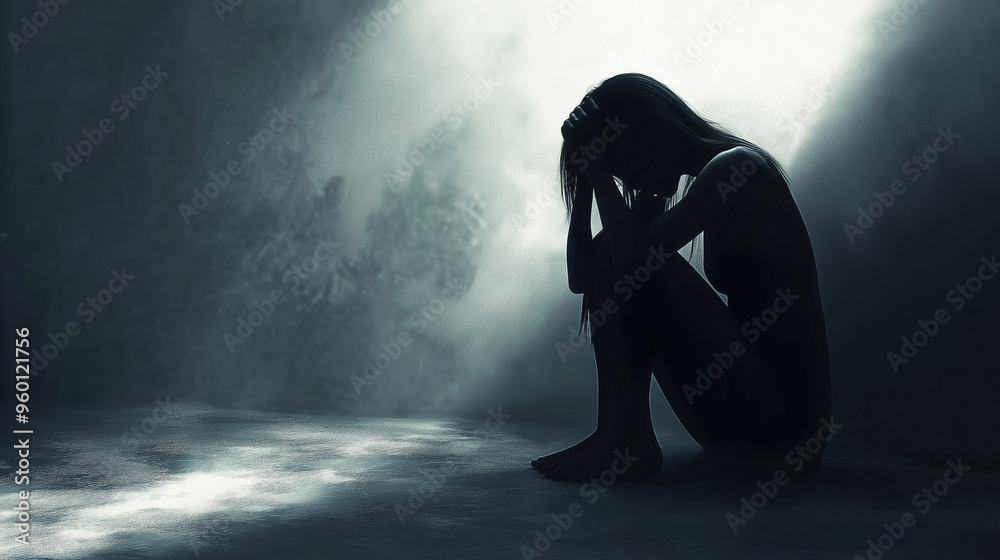 Young woman with depression sits alone in dark room Young woman with depression sits alone in dark room