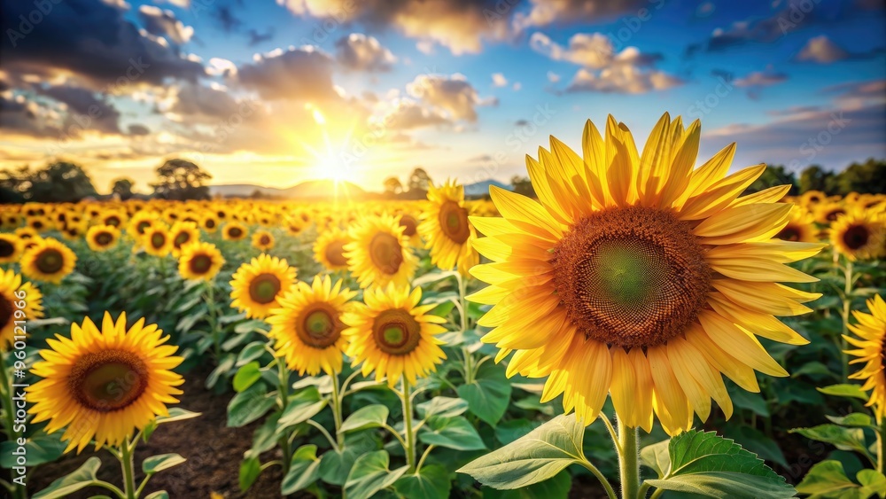 Fototapeta premium Field of bright yellow sunflowers facing the sun, sunflowers, field, bright, yellow, sun, nature, outdoors, agriculture, vibrant