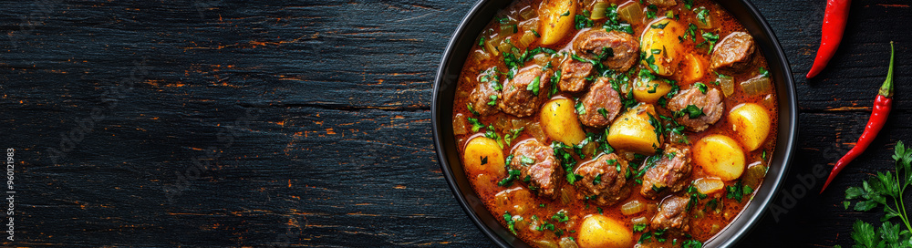 Goulash soup with beef slices of sausage, onions and potatoes. Plus red pepper. All on a rustic background. AI generative. Goulash soup with beef slices of sausage, onions and potatoes. Plus red pepper. All on a rustic background. AI generative.