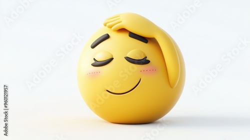 A 3D cartoon emoji with a relieved smile, eyes closed and hand wiping its forehead, showing relief, on a white background