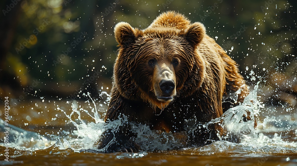 A grizzly bear stands in the river, splashing water as it lunges for fish. The early morning light filters through the trees, illuminating the scene with a golden glow A grizzly bear stands in the river, splashing water as it lunges for fish. The early morning light filters through the trees, illuminating the scene with a golden glow