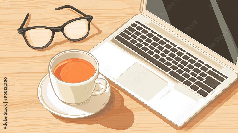 Minimalist desk scene featuring a laptop, cup of coffee, and glasses in a top-down perspective. The clean and organized layout highlights thoughtful workspace essentials Minimalist desk scene featuring a laptop, cup of coffee, and glasses in a top-down perspective. The clean and organized layout highlights thoughtful workspace essentials