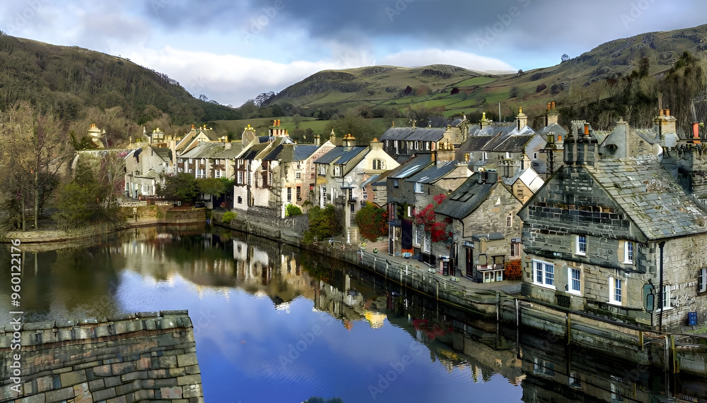 A picturesque village nestled along a river, with charming stone houses, a reflective water surface, and rolling hills in the background. A picturesque village nestled along a river, with charming stone houses, a reflective water surface, and rolling hills in the background.