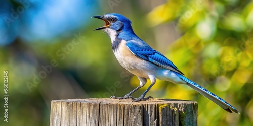 Vibrant blue-gray mocking jay perches on a weathered wooden fencepost, singing melodiously, its distinctive white patches and bold black stripes gleaming in the sun. photo