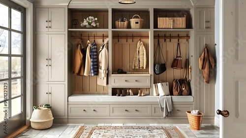 Stylish mudroom with built-in storage and a bench 