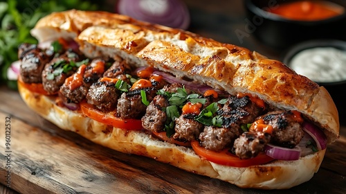 Grilled Kofta Sandwich Photo - Spicy Meatball Sub with Harissa, Tomatoes, and Onions photo