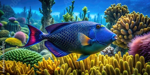 Vibrant blue trigger fish swims amidst coral reef, its iridescent scales shimmering in sunlight, amidst undulating sea fans and lush green seaweed. photo