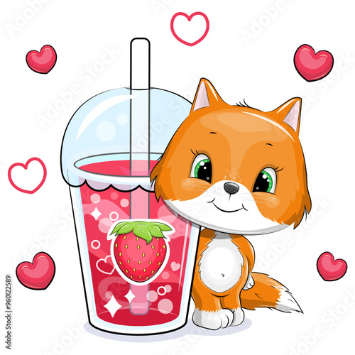 Cute cartoon fox with a big strawberry drink. Vector illustration of an animal and a cup of red water on a white background with red hearts.
