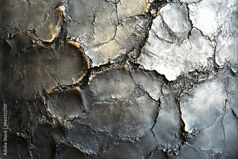 Fototapeta premium A silver textured surface with a heavily patinated finish, featuring darkened areas that contrast with the lighter, polished sections.
