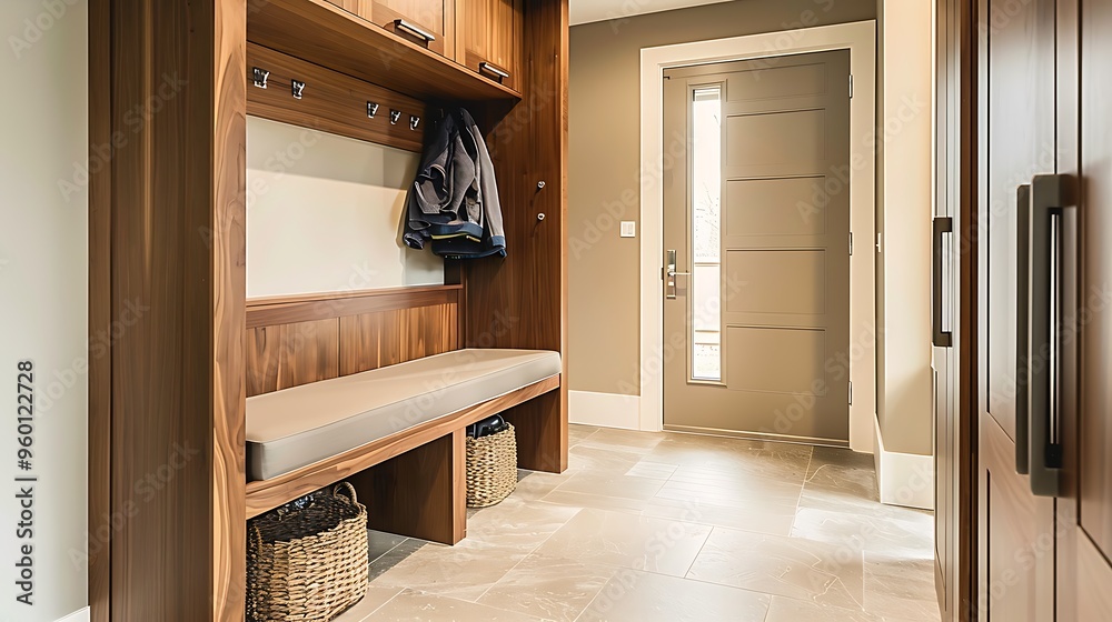 Fototapeta premium Stylish mudroom with built-in storage and a bench 