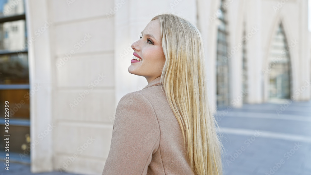 A smiling young blonde woman, beautifully poised on a lively urban street, provides a portrait of modern femininity and attractive city life. A smiling young blonde woman, beautifully poised on a lively urban street, provides a portrait of modern femininity and attractive city life.