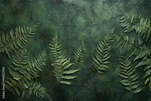 A dark green textured surface with faint, organic patterns that evoke the appearance of fern leaves, adding an earthy, natural touch.