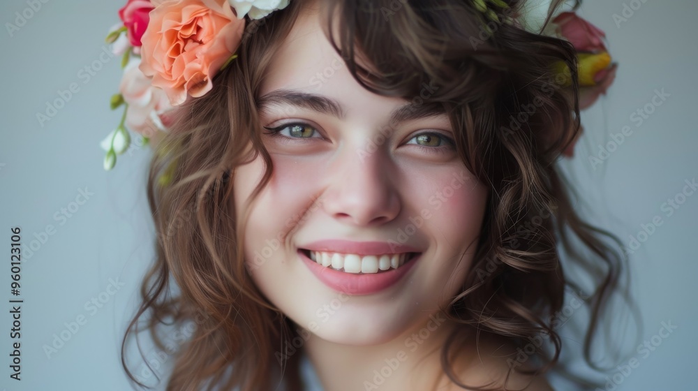 A young woman with a bright smile, adorned with a floral headpiece. The soft lighting and pastel flowers enhance her natural beauty, creating a serene and inviting atmosphere. A young woman with a bright smile, adorned with a floral headpiece. The soft lighting and pastel flowers enhance her natural beauty, creating a serene and inviting atmosphere.